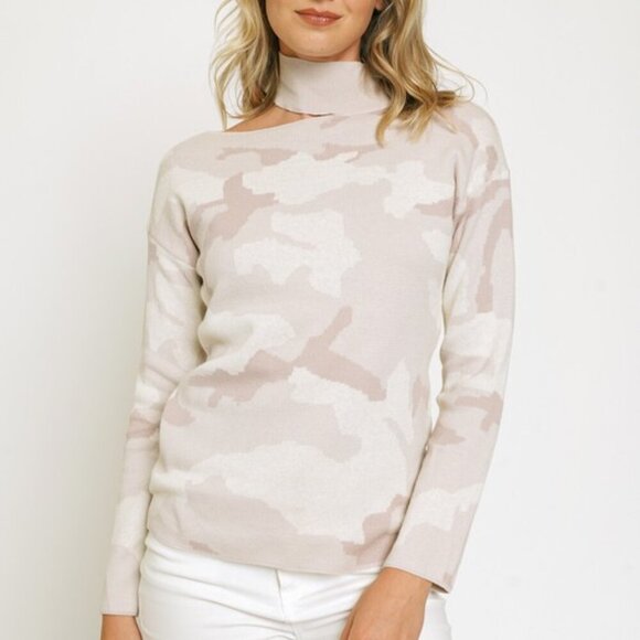 MYSTREE Cutout Shoulder Mock Neck Sweater - Picture 1 of 6